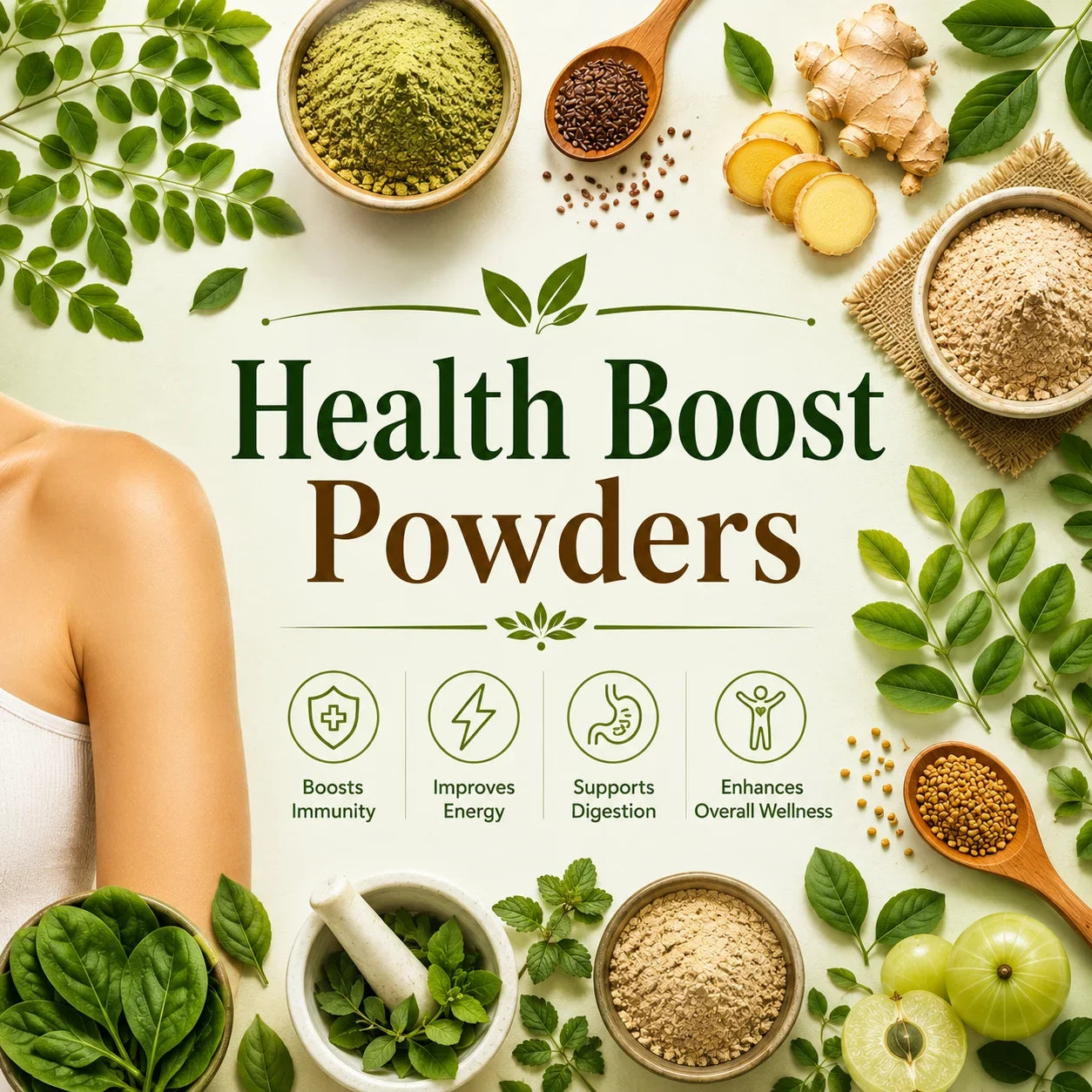 Health Boost Powders collection by MrShopy.pk featuring natural herbal powders, amla, ginger, green leaves, seeds, and wellness ingredients.