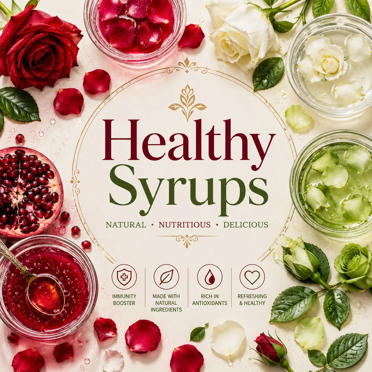 Healthy Syrups collection by MrShopy.pk featuring pomegranate, red, white, and green roses, natural syrup ingredients, rose petals, and fresh botanical elements.