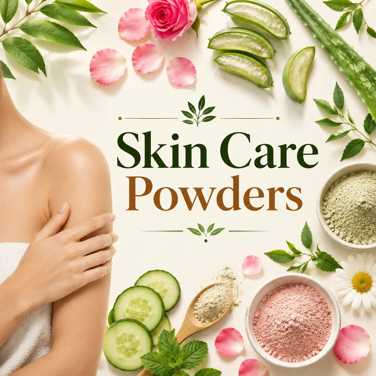 Natural Skin Care Powders collection by MrShopy.pk featuring aloe vera, rose petals, cucumber, botanical herbs, and natural skincare powder ingredients.
