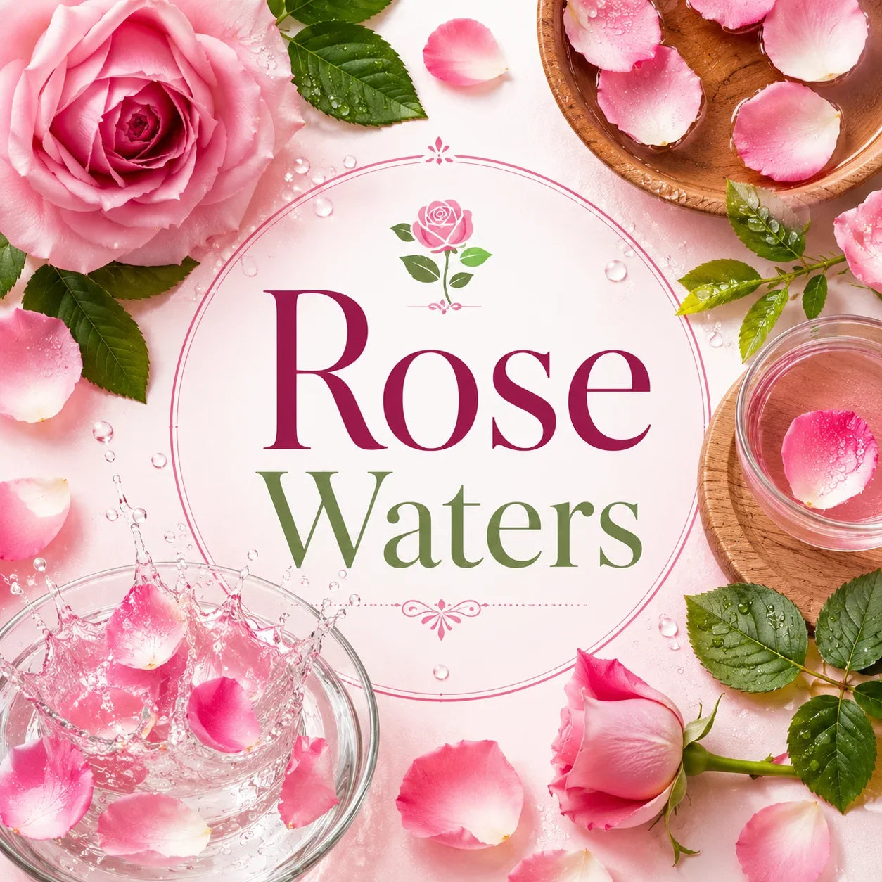 Rose Waters collection by MrShopy.pk featuring fresh red, pink, and white roses, rose petals, floral water, green leaves, and refreshing natural rose ingredients.