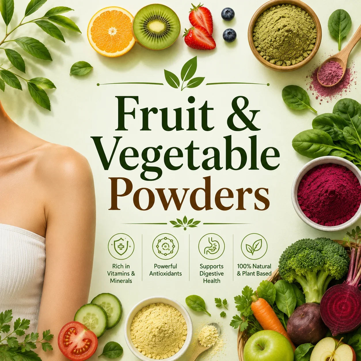 Fruit & Vegetable Powders collection by MrShopy.pk featuring fresh fruits, vegetables, leafy greens, colorful natural powders, and plant-based ingredients.
