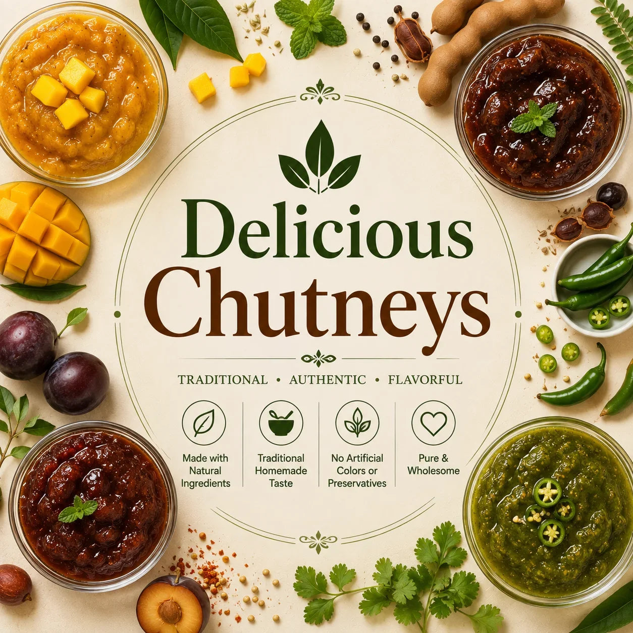 Delicious Chutneys collection by MrShopy.pk featuring mango, imli, green chilli, and plum chutneys with fresh fruits, herbs, chillies, and traditional chutney ingredients.