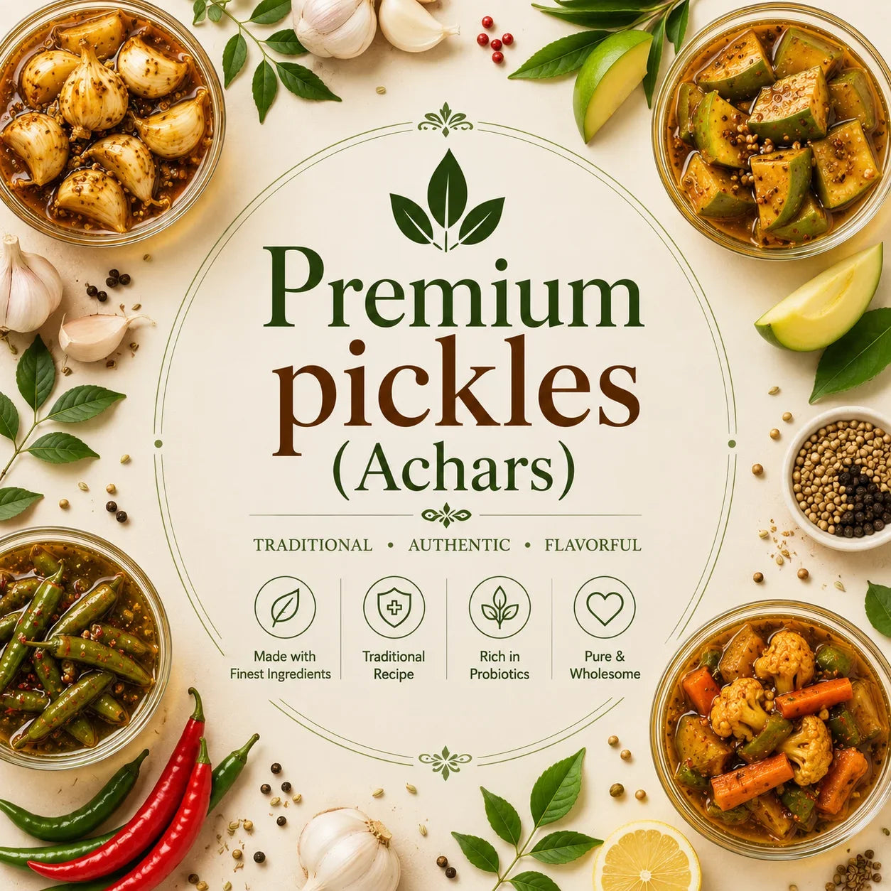 Premium Pickles (Achars) collection by MrShopy.pk featuring garlic, mango, chilli, and mixed pickles with fresh spices, herbs, and traditional achar ingredients.