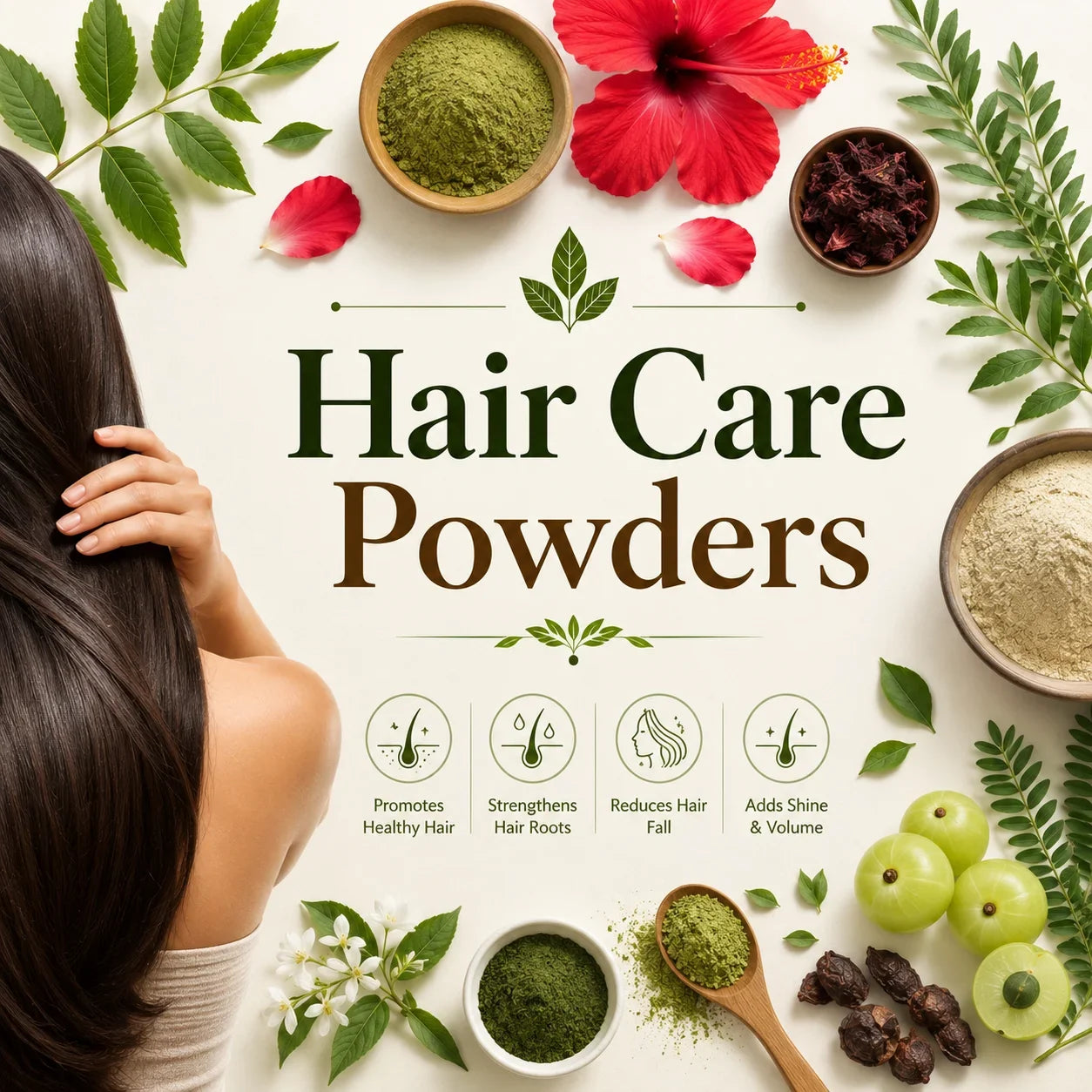 Natural Hair Care Powders collection by MrShopy.pk featuring healthy hair visuals, amla, hibiscus, herbal powders, botanical leaves, and natural hair care ingredients.