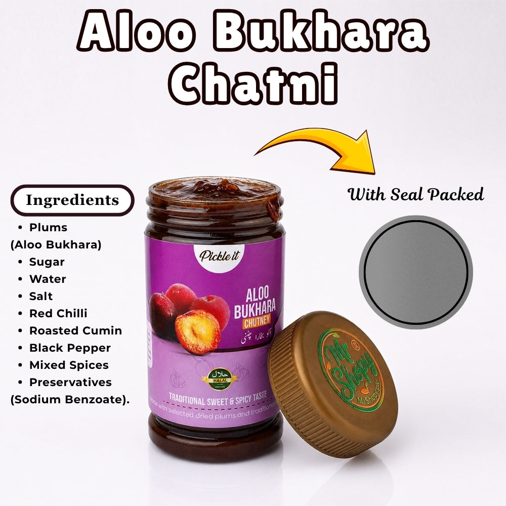 Aloo Bukhara Chatni Ingredients Including Plums Sugar Roasted Cumin Black Pepper and Mixed Spices