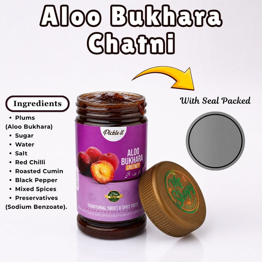 Aloo Bukhara Chatni Ingredients Including Plums Sugar Roasted Cumin Black Pepper and Mixed Spices