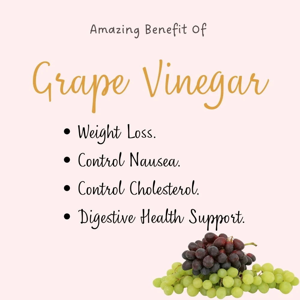 A text-based promotional graphic on a pale pink background reading 'Amazing Benefit Of Grape Vinegar' with bullet points for weight loss, control nausea, control cholesterol, and digestive health support. A cluster of green and purple grapes appears in the lower right corner.