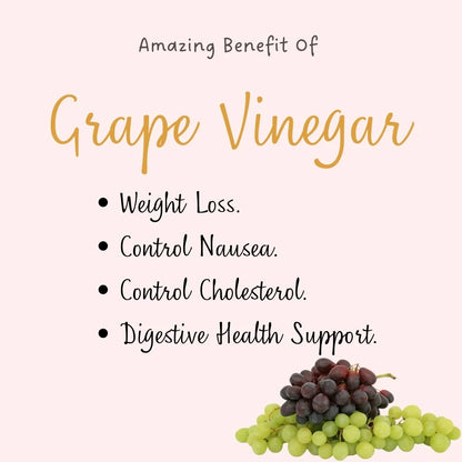 A text-based promotional graphic on a pale pink background reading 'Amazing Benefit Of Grape Vinegar' with bullet points for weight loss, control nausea, control cholesterol, and digestive health support. A cluster of green and purple grapes appears in the lower right corner.