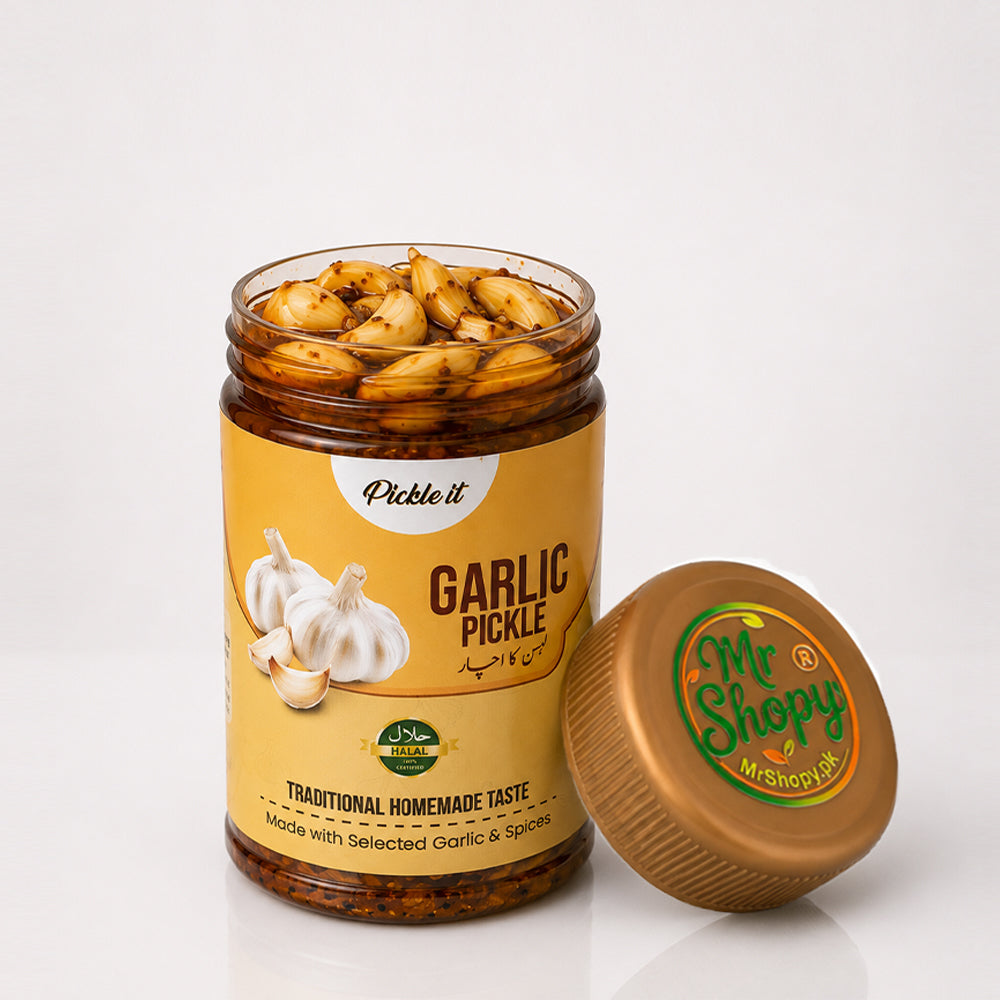 Garlic Pickle (Lehsan Achar) 500g Jar White Background Product Image