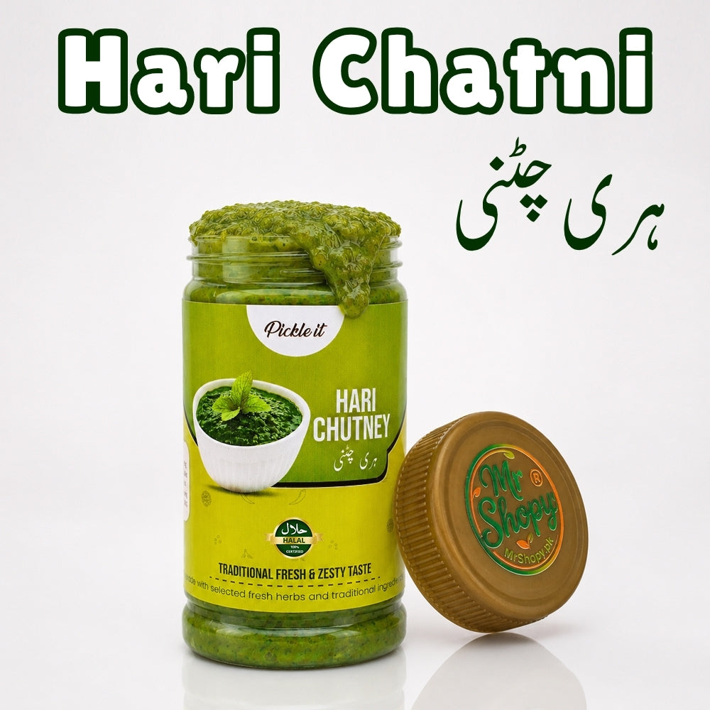 Hari Chatni jar with label, fresh green chutney made from coriander, mint, and spices.