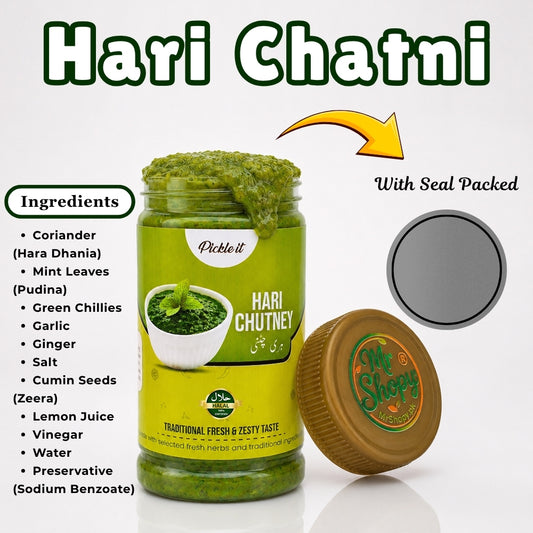 Ingredients of Hari Chatni including coriander, mint, green chillies, garlic, ginger, cumin, and lemon.