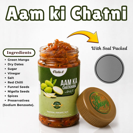 Aam Ki Chatni ingredients including green mango, dry dates, spices and vinegar